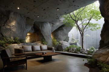Modern interior living space with a rock-like design and an open view to greenery