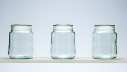 Three empty glass jars on white surface