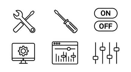 Fototapeta premium Tools And Tech Settings Icons For Computer Monitor, On/Off Switch, And Control Sliders