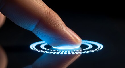 Close up view of finger touching glowing digital fingerprint scanner for biometric security and personal identification