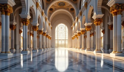 Fototapeta premium Grand Modern Mosque Interior with White Marble Pillars and Golden Accents