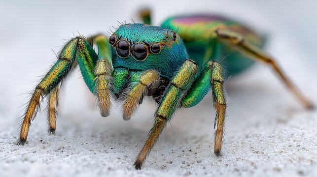 On a soft surface, a metallic green jumping spider displays its teeth. An extreme macro of an iridescent green jumping spider standing on a soft white surface, displaying its teeth. 