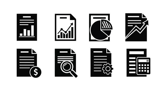 A collection of business and financial icons depicted in a striking black silhouette