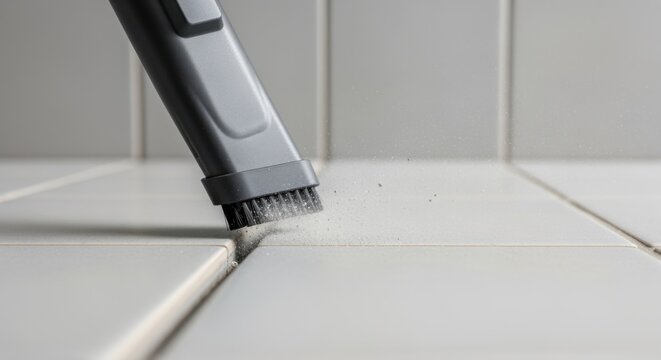 Closeup of grout removal dust being vacuumed from shower tile gaps preparing the area for regrouting treatment.