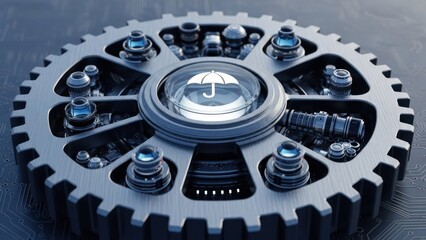 Metallic gear-like structure with umbrella icon in the center, representing protection