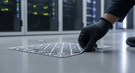 Closeup on a technicians hand placing a scalable AR tracking marker floor applique showing modular design tailored for various augmented reality environments.
