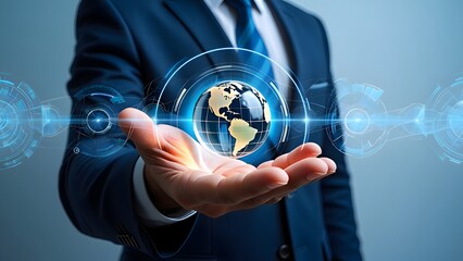 Businessman holding globe icon isolated on white background