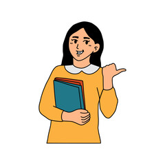 Female Student Pointing Direction with Book Illustration