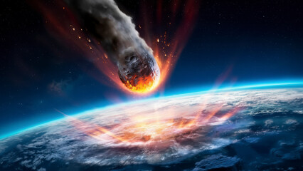 A large asteroid impacts the earth's atmosphere creating a massive fiery explosion and a dark smoke trail.