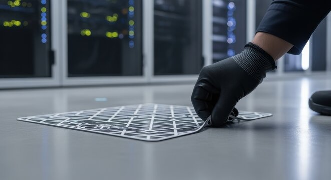 Closeup on a technicians hand placing a scalable AR tracking marker floor applique showing modular design tailored for various augmented reality environments. - Powered by Adobe