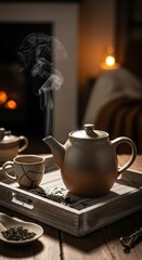 Fototapeta premium Tea set on wooden tray indoors.