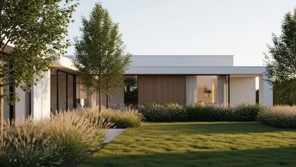 Modern white house with grassy lawn, bushes, and trees bathed in warm sunlight
