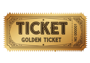 Vintage-style golden ticket with ornate design and perforated edges, isolated on transparent background