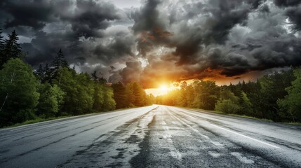 A road stretches toward a sunset beneath dramatic storm clouds, framed by lush trees