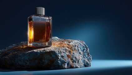 Perfume bottle on a textured stone, bathed in sunlight against a dark blue gradient backdrop