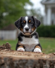 Curious puppy sits on log
