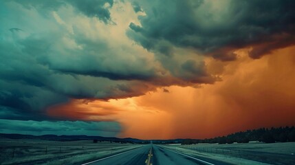 Road stretches toward a dramatic sky with storm clouds and contrasting orange sunlight