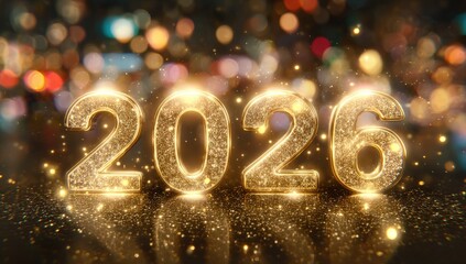 Golden, glittering 2026 numerals sparkle against a softly blurred city backdrop with bokeh