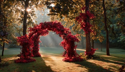 Enchanting scene of a red floral archway in a sun-dappled, lush green forest
