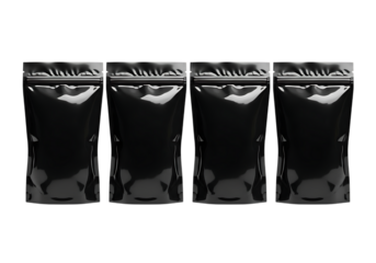 Four black shiny foil stand-up pouches lined up, isolated on transparent background