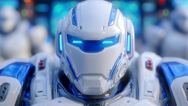 Futuristic white humanoid robot in a clean lab turns its head slightly, visor lights pulse blue, and face panels shift as it scans forward with calm, precise ai behavior.