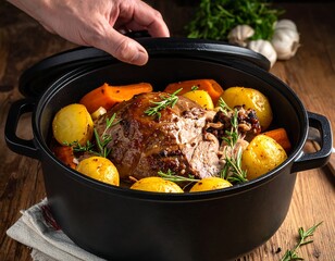Close-up of roasted meat with potatoes, carrots, and rosemary, in a black pot