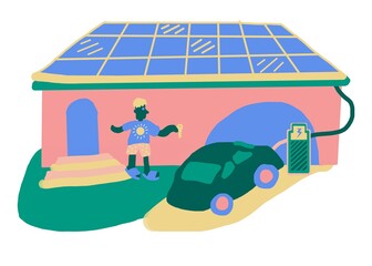 Fototapeta premium Off-grid Solar Home with EV Illustration 