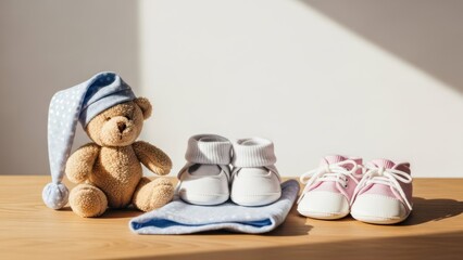 Teddy bear with cap next to baby shoes on a wooden surface, with a light backdrop