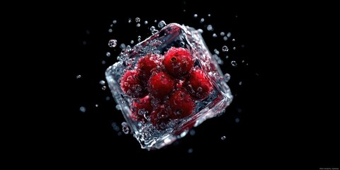 A cube of clear ice, encasing vibrant red berries with droplets of water scattered around