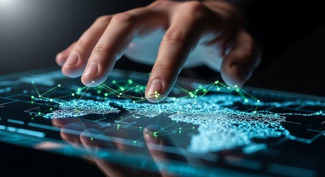 Hand touching futuristic digital world map with glowing connections and data points representing global network technology and communication concept - Powered by Adobe