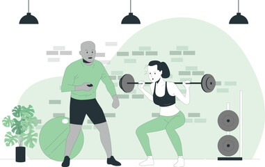 Personal trainer guides a woman lifting weights in a modern gym setting with equipment and plants nearby.