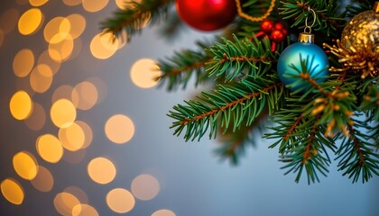 Obraz premium A festive holiday scene featuring a close up of a decorated pine branch adorned with colorful ornaments and shimmering tinsel, captured from an overhead perspective