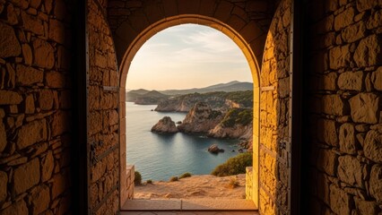 View through arched stone doorway framing coastal cliffs and calm sea at sunset