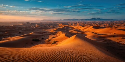 A scenic panorama, capturing an undulating desert landscape during sunrise or sunset