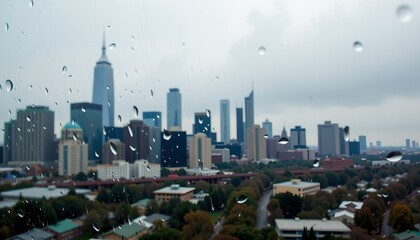A city skyline viewed through a rain streaked window during a gloomy overcast day, with blurred silhouettes of tall skyscrapers and low rise buildings, featuring muted earth tones and cool blue hues