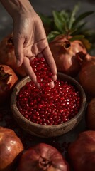 Hand adding pomegranate seeds to bowl