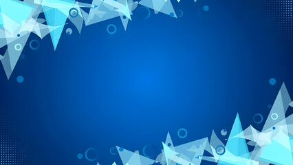 Vibrant blue geometric background with dynamic triangles and circles for modern designs.