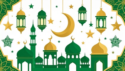 Islamic Mosque Crescent Moon Lanterns Decoration Greeting Card Background