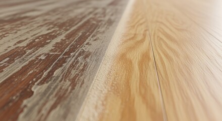 Closeup of worn hardwood floor section before sanding contrasted with freshly sanded area illustrating dramatic difference in orbital sander refinishing results.