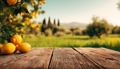 Sunny landscape showcasing fresh lemons on a rustic wooden table, with greenery and mountains