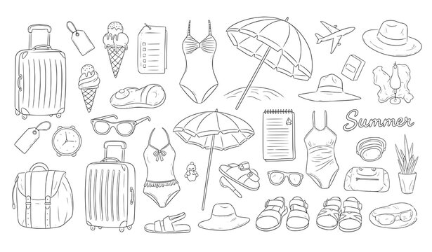 Hand drawn summer travel destination vector set with luggage ice cream swimsuits and beach umbrellas