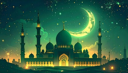 Ramadan Night Mosque Under Crescent Moon and Starry Sky