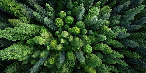 Overhead shot of a dense forest canopy showcasing diverse shades of green and natural patterns