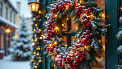 Fototapeta premium Christmas wreath adorned with red berries and festive lights displayed on a doorway surrounded by snow-covered trees in a winter setting for seasonal decoration ideas