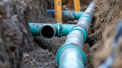 Turquoise pipes are laid in a trench, illustrating infrastructure work. The pipes are connected with bolted flanges. The trench is filled with soil, and a yellow ladder stands behind.
