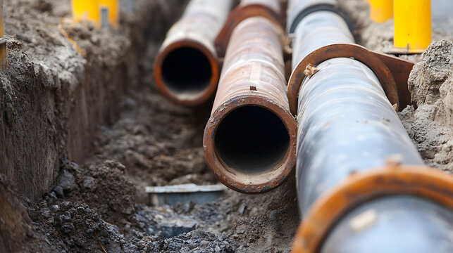 Underground utility pipes are lined up and ready for installation, ensuring efficient and modern urban infrastructure. Pipes represent service and connectivity.