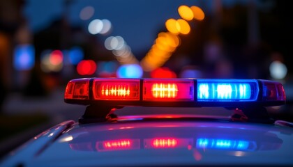 blurred police lights at night with abstract red and blue bokeh, symbolizing emergency response or law enforcement action. High quality.