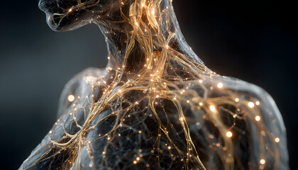 Medical technology concept. Electronic medical record. Holographic with the shape of a human body equipped with a nervous system.