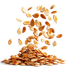 Pumpkin seeds falling isolated on white background