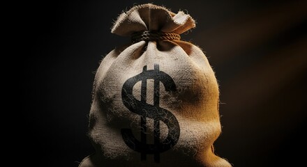 A close-up shot of a burlap money bag with a large dollar sign printed on its side, symbolizing wealth and financial gain